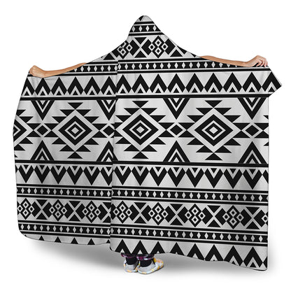 White And Black Aztec Pattern Print Hooded Blanket