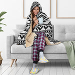 White And Black Aztec Pattern Print Hooded Blanket