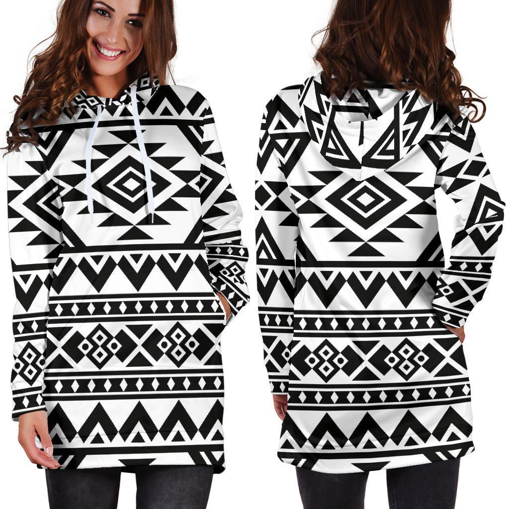 White And Black Aztec Pattern Print Hoodie Dress GearFrost
