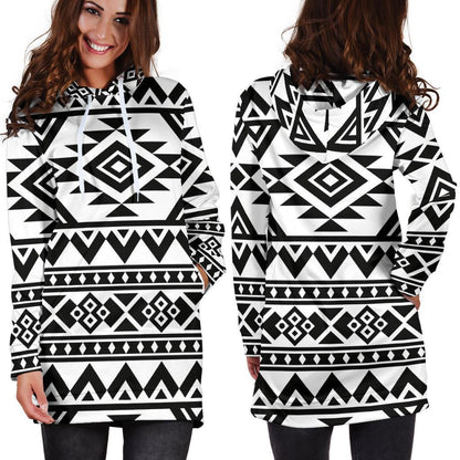 White And Black Aztec Pattern Print Hoodie Dress GearFrost