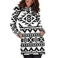 White And Black Aztec Pattern Print Pullover Hoodie Dress
