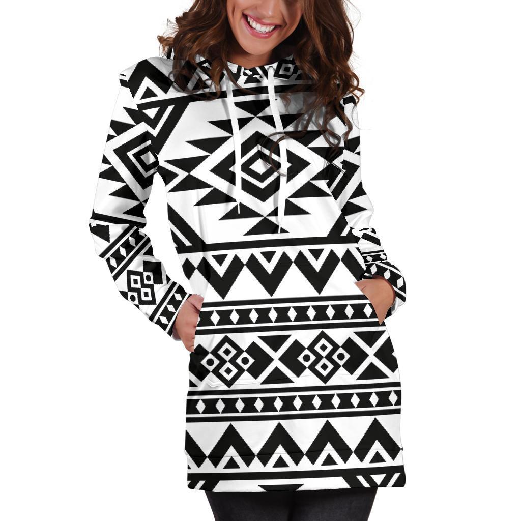 White And Black Aztec Pattern Print Hoodie Dress GearFrost