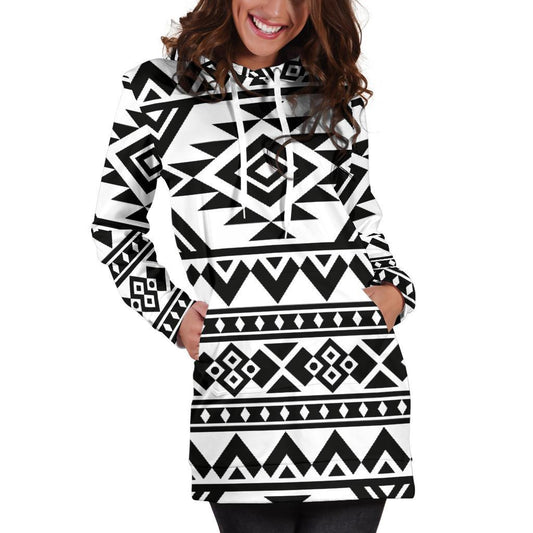 White And Black Aztec Pattern Print Hoodie Dress GearFrost