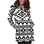 White And Black Aztec Pattern Print Hoodie Dress GearFrost