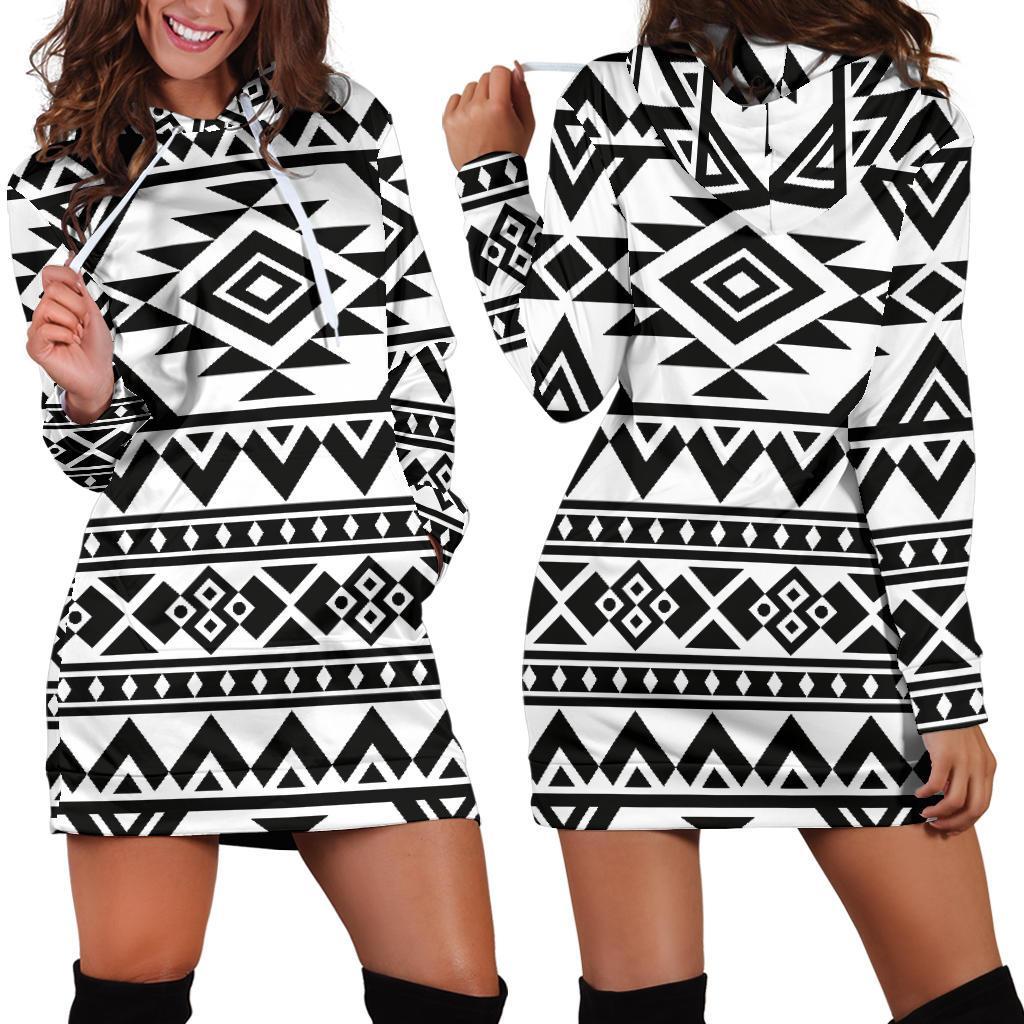 White And Black Aztec Pattern Print Hoodie Dress GearFrost