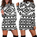 White And Black Aztec Pattern Print Hoodie Dress GearFrost