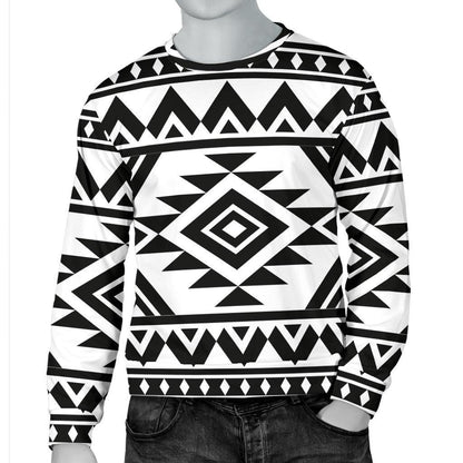 White And Black Aztec Pattern Print Men's Crewneck Sweatshirt GearFrost