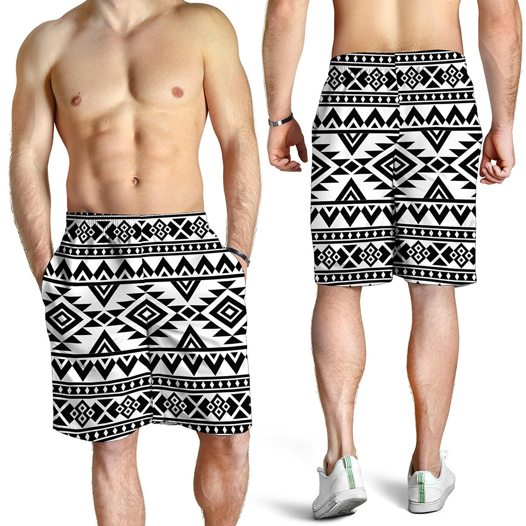 White And Black Aztec Pattern Print Men's Shorts