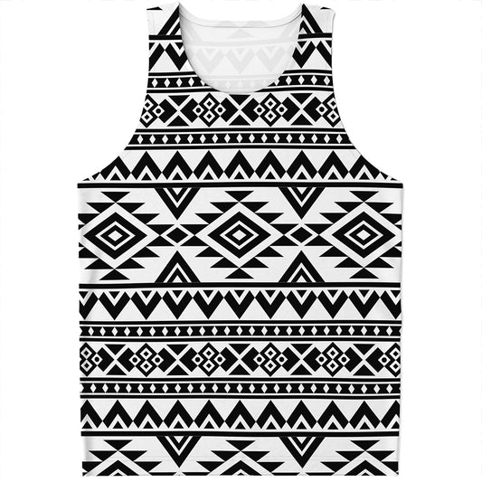 White And Black Aztec Pattern Print Men's Tank Top