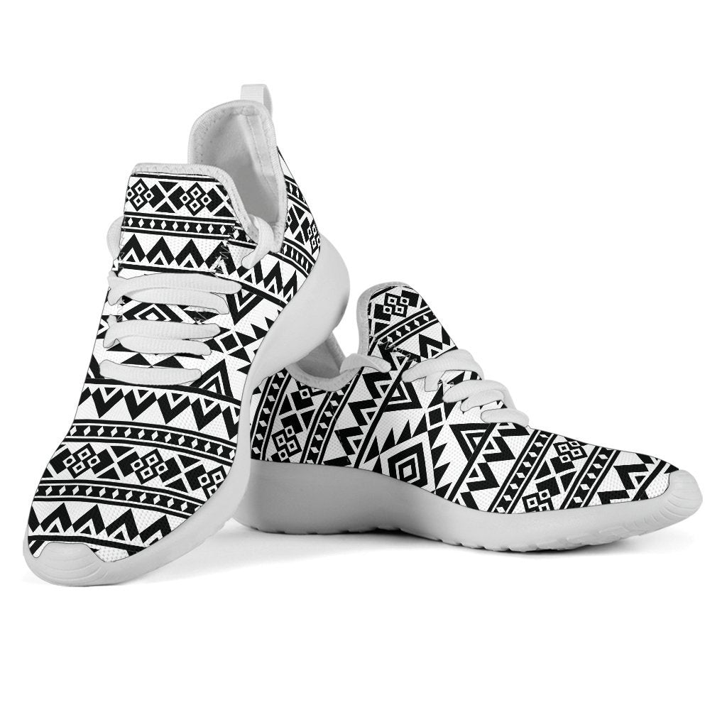 White And Black Aztec Pattern Print Mesh Knit Shoes GearFrost