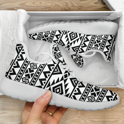 White And Black Aztec Pattern Print Mesh Knit Shoes GearFrost