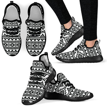White And Black Aztec Pattern Print Mesh Knit Shoes GearFrost