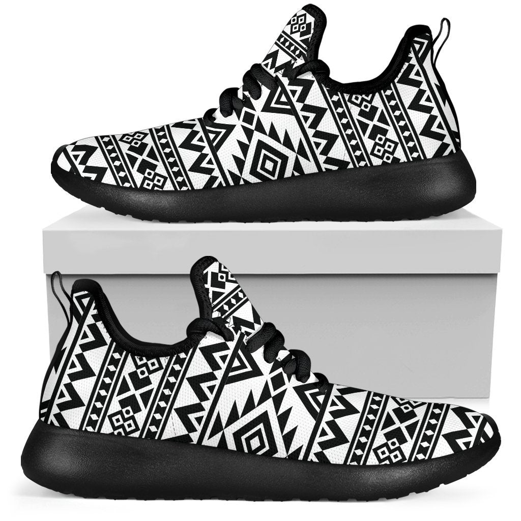 White And Black Aztec Pattern Print Mesh Knit Shoes GearFrost