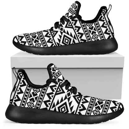 White And Black Aztec Pattern Print Mesh Knit Shoes GearFrost