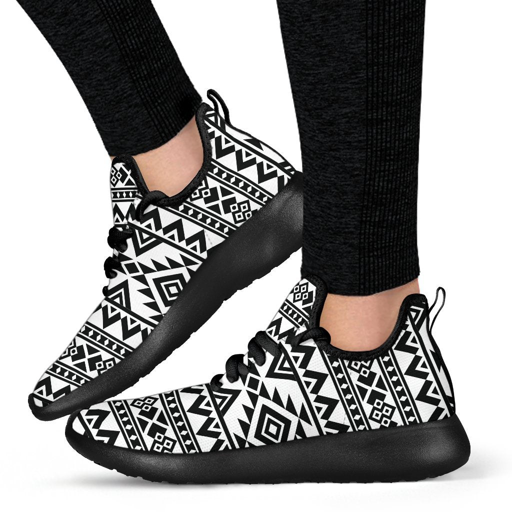 White And Black Aztec Pattern Print Mesh Knit Shoes GearFrost