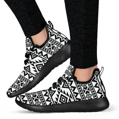 White And Black Aztec Pattern Print Mesh Knit Shoes GearFrost