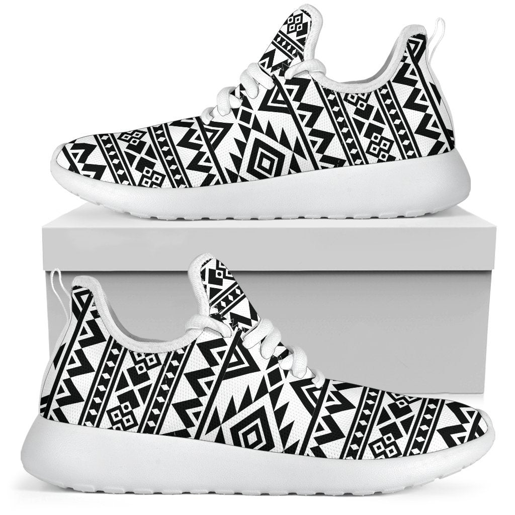 White And Black Aztec Pattern Print Mesh Knit Shoes GearFrost