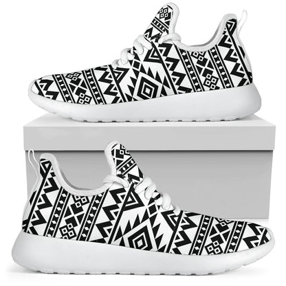 White And Black Aztec Pattern Print Mesh Knit Shoes GearFrost