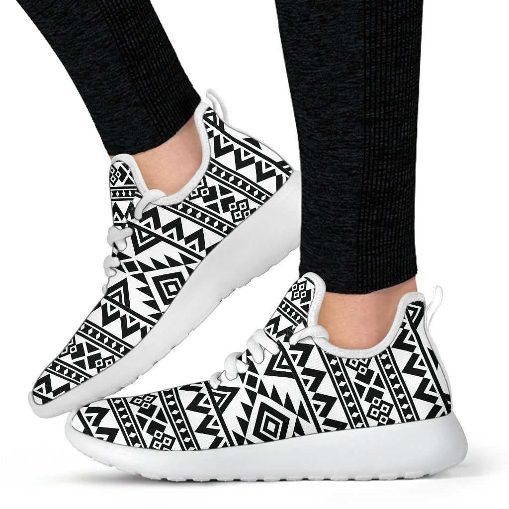 White And Black Aztec Pattern Print Mesh Knit Shoes GearFrost