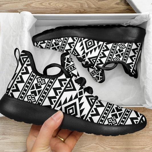 White And Black Aztec Pattern Print Mesh Knit Shoes GearFrost