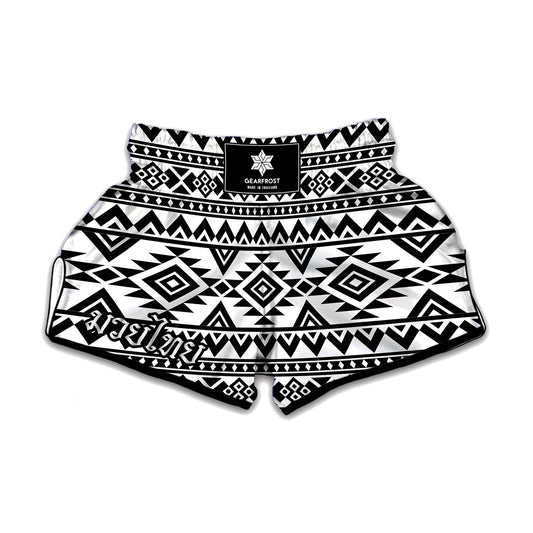 White And Black Aztec Pattern Print Muay Thai Boxing Shorts