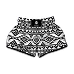 White And Black Aztec Pattern Print Muay Thai Boxing Shorts
