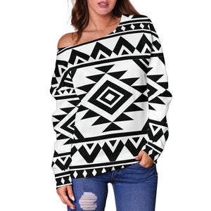 White And Black Aztec Pattern Print Off Shoulder Sweatshirt GearFrost