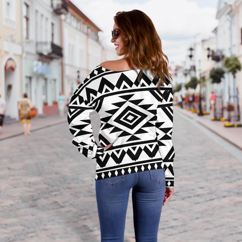 White And Black Aztec Pattern Print Off Shoulder Sweatshirt GearFrost