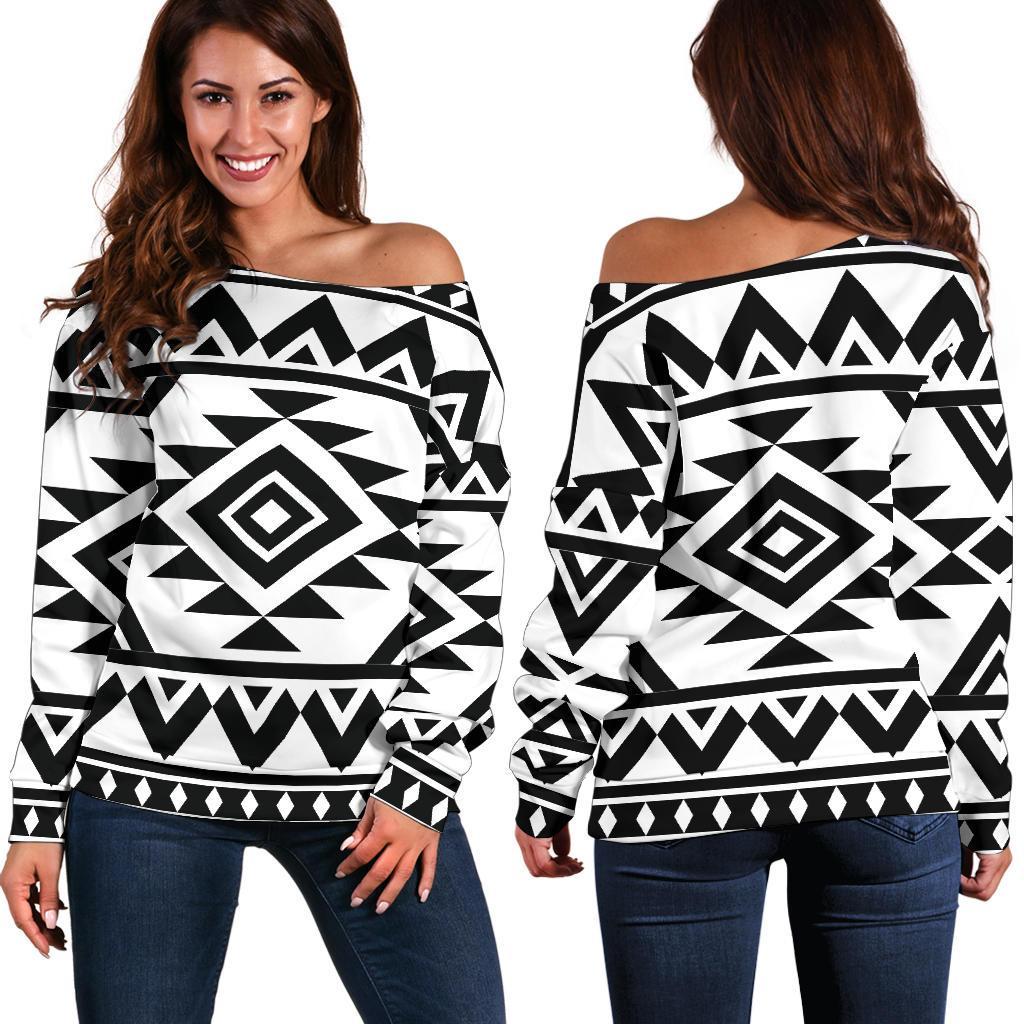 White And Black Aztec Pattern Print Off Shoulder Sweatshirt GearFrost