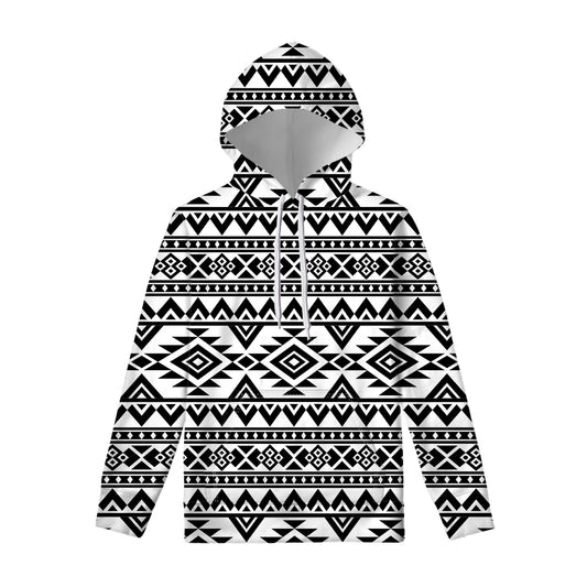 White And Black Aztec Pattern Print Pullover Hoodie