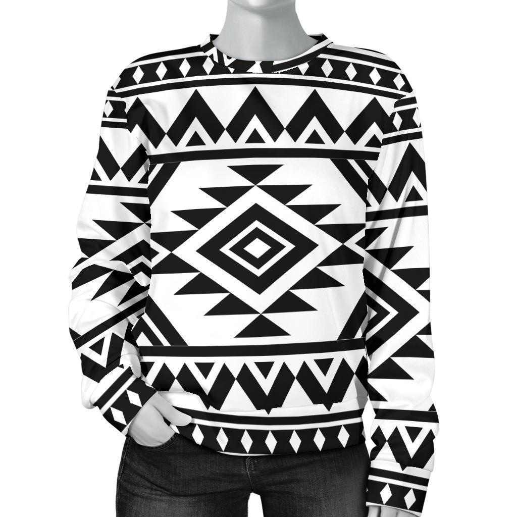 White And Black Aztec Pattern Print Women's Crewneck Sweatshirt GearFrost