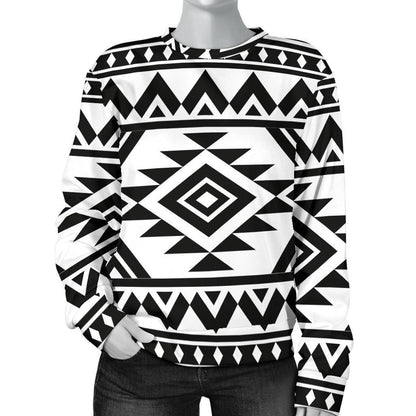 White And Black Aztec Pattern Print Women's Crewneck Sweatshirt GearFrost