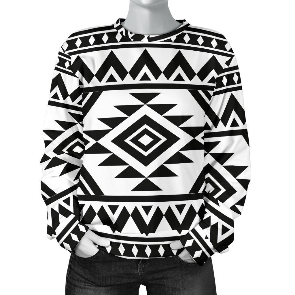 White And Black Aztec Pattern Print Women's Crewneck Sweatshirt GearFrost