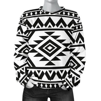 White And Black Aztec Pattern Print Women's Crewneck Sweatshirt GearFrost