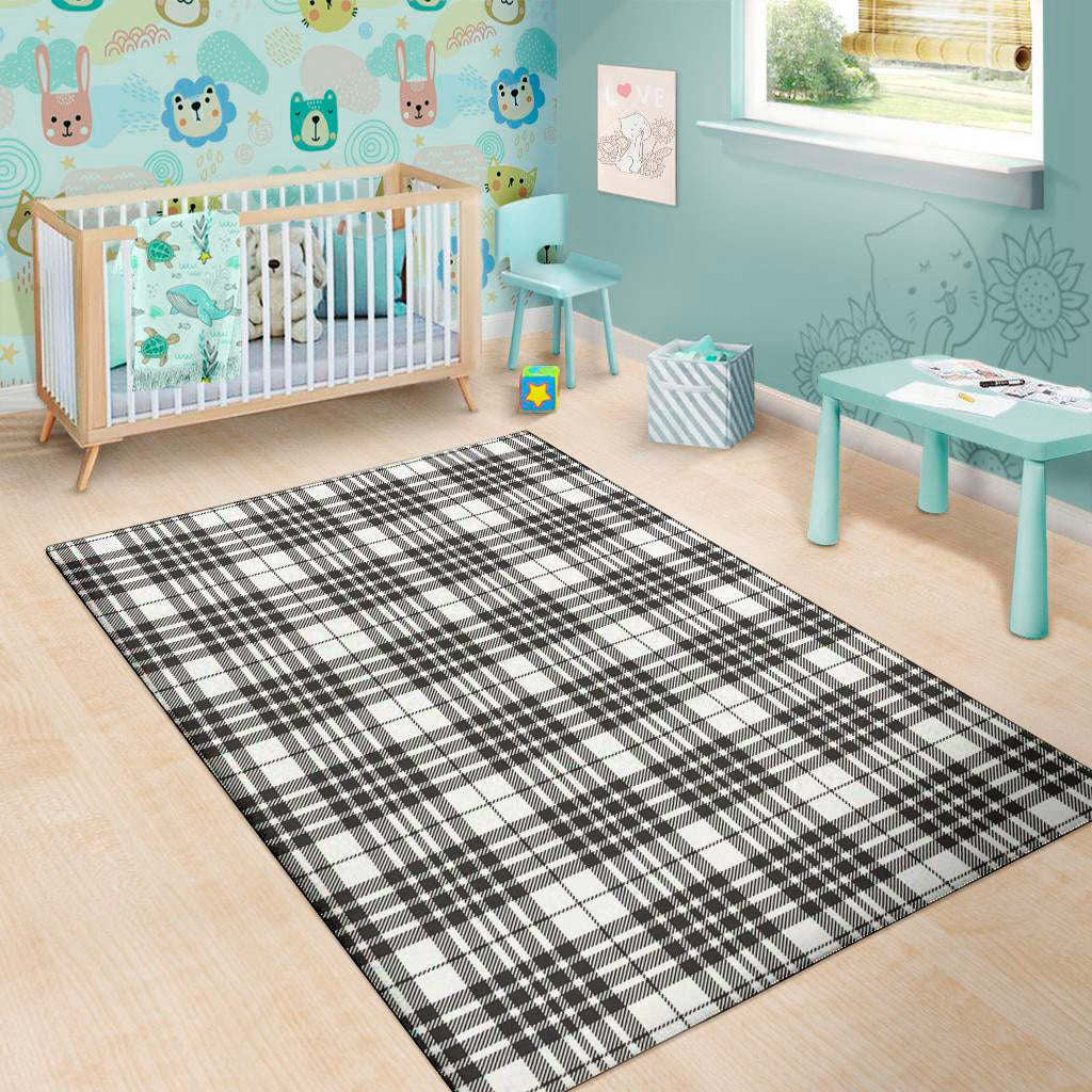 White And Black Border Tartan Print Area Rug