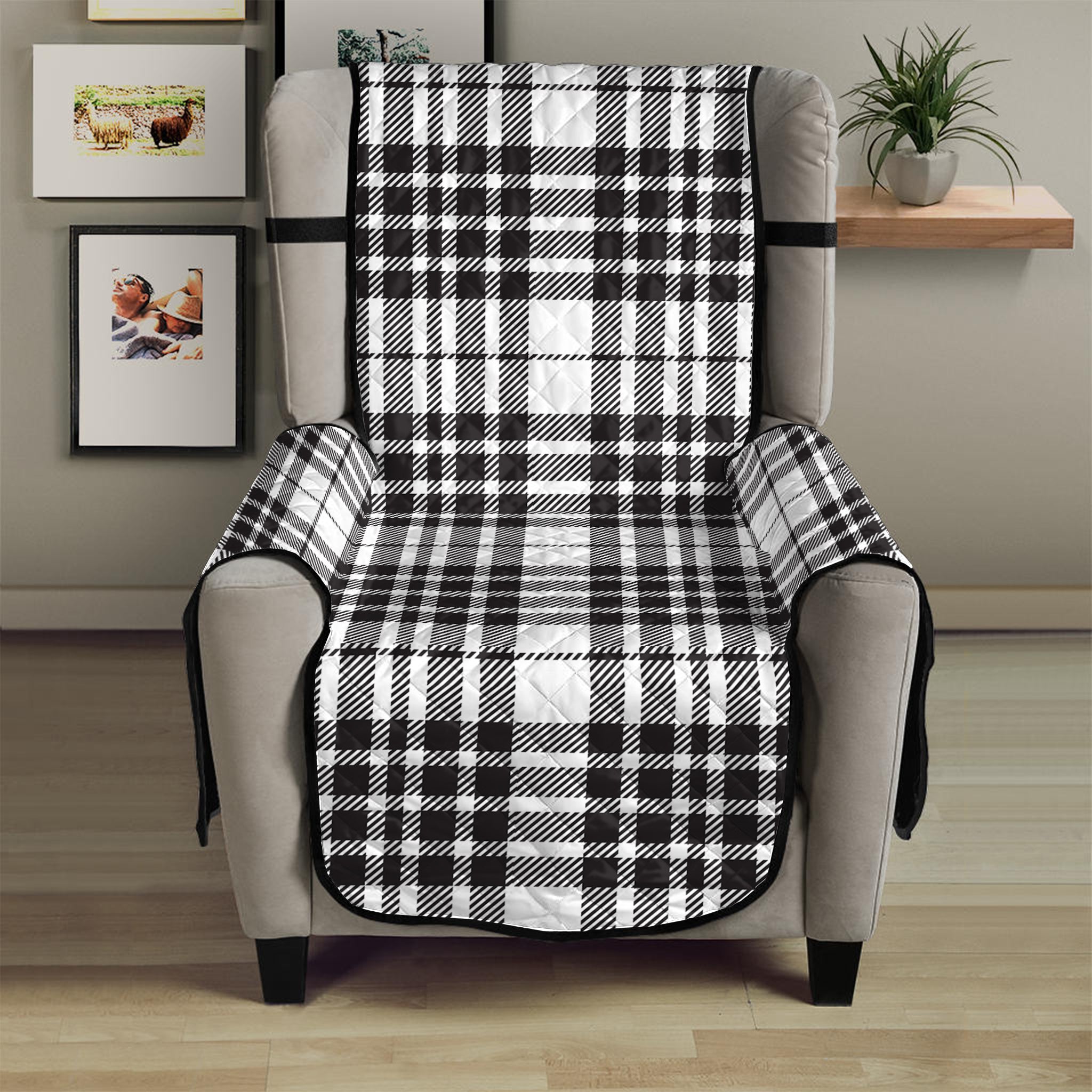 White And Black Border Tartan Print Armchair Protector