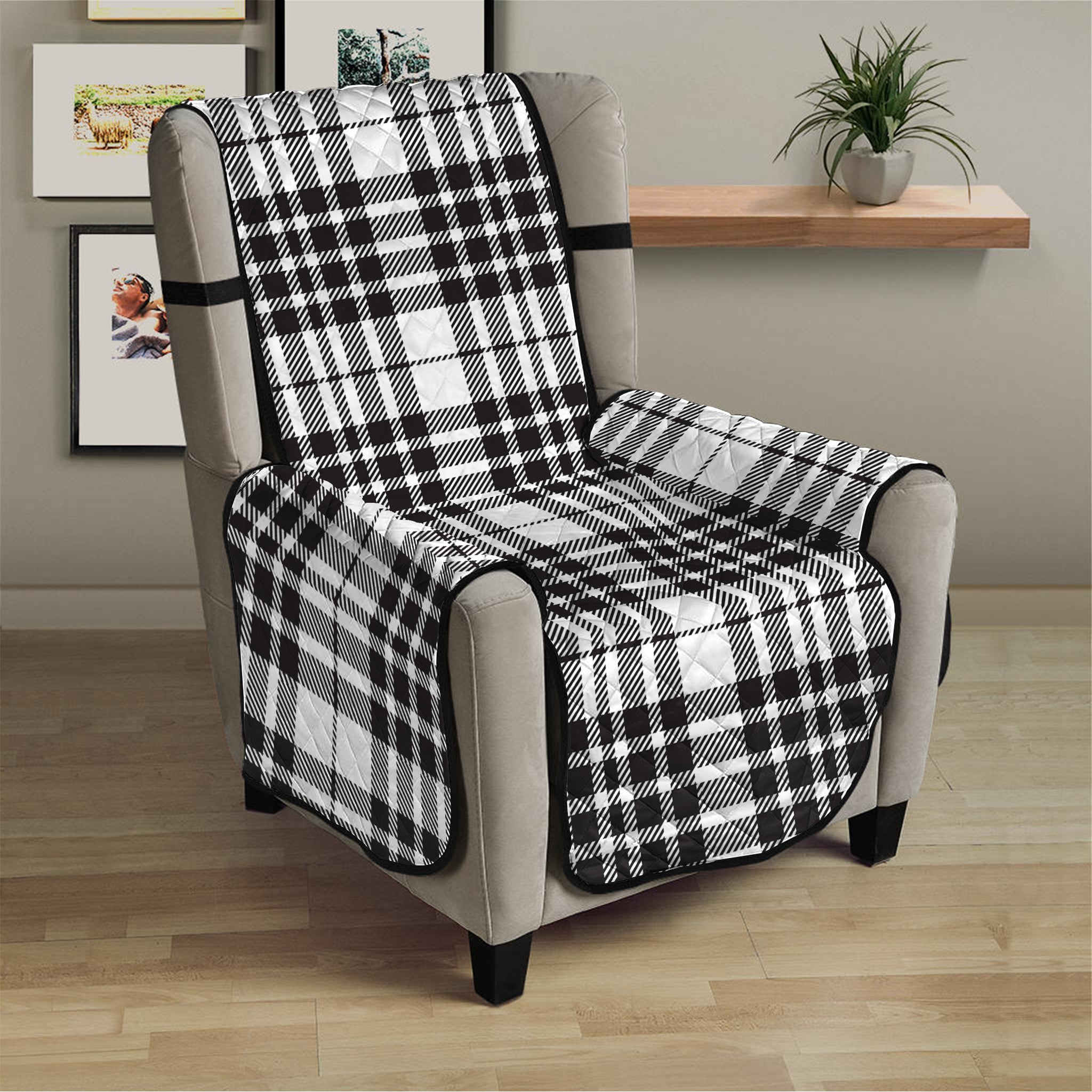 White And Black Border Tartan Print Armchair Protector