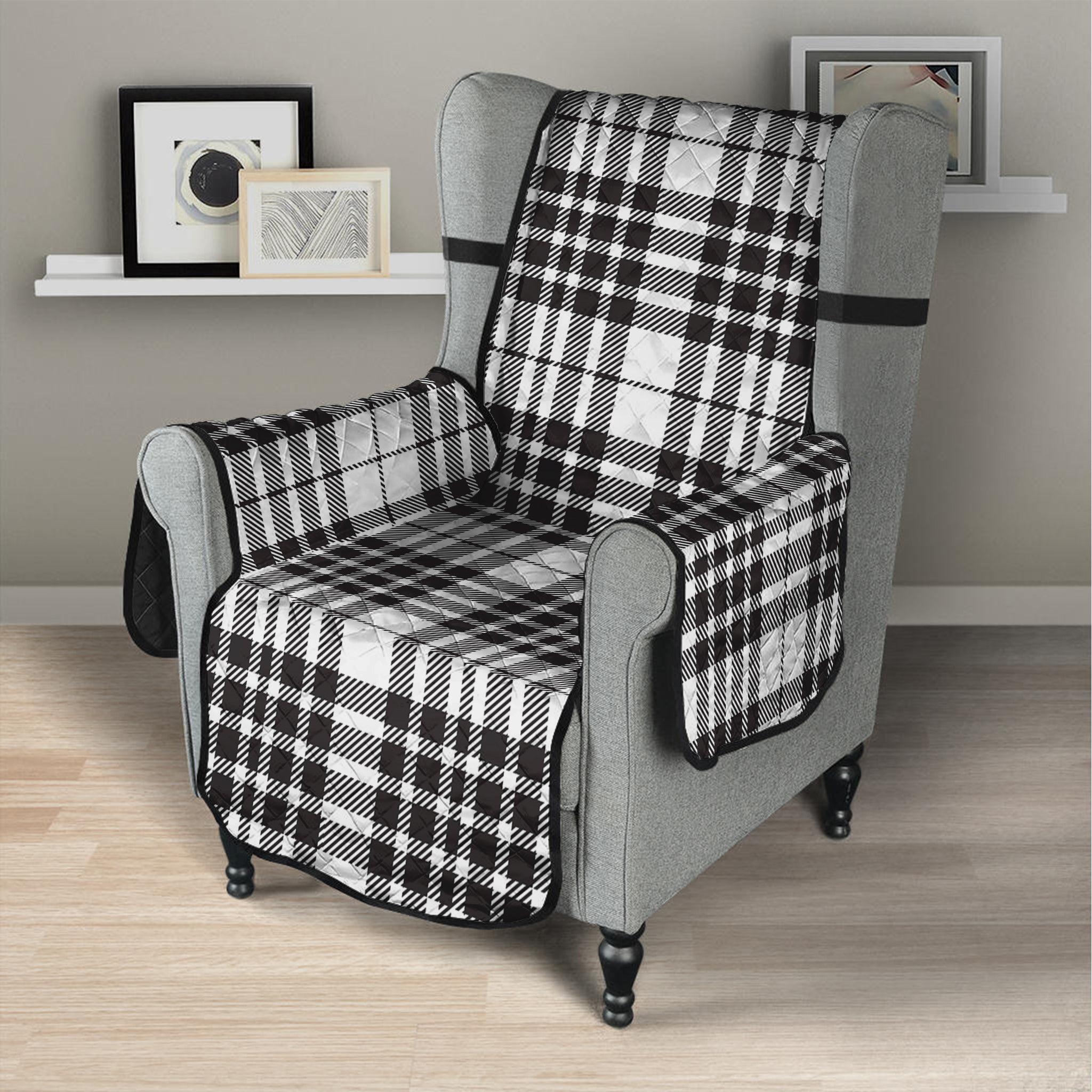 White And Black Border Tartan Print Armchair Protector