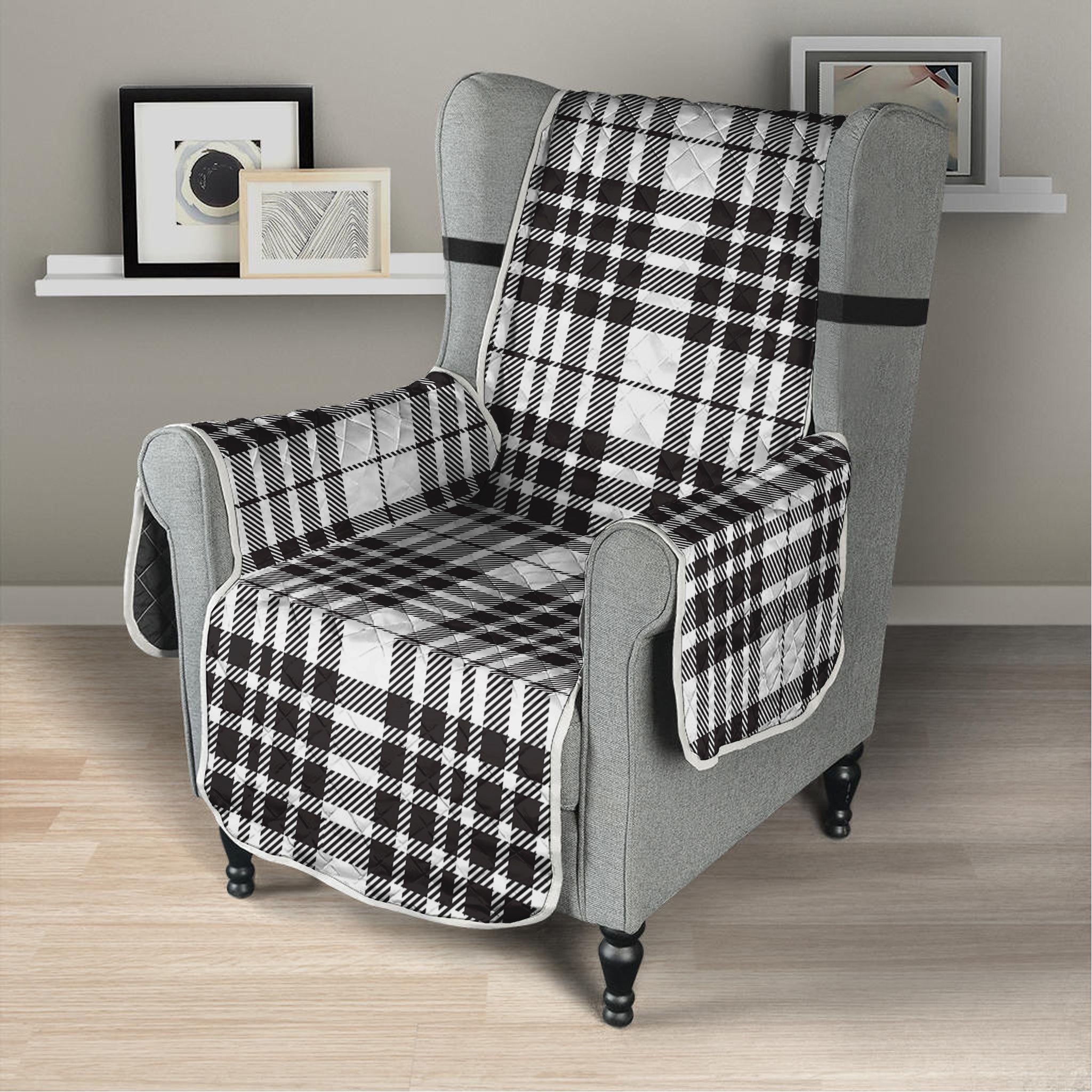 White And Black Border Tartan Print Armchair Protector