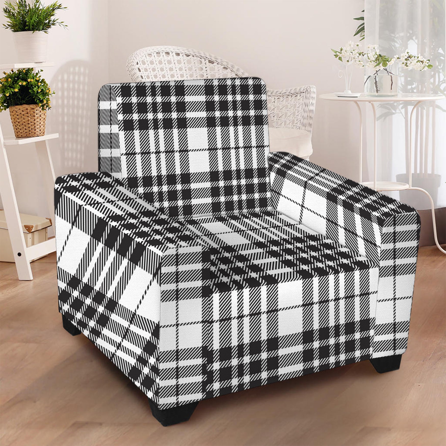 White And Black Border Tartan Print Armchair Slipcover