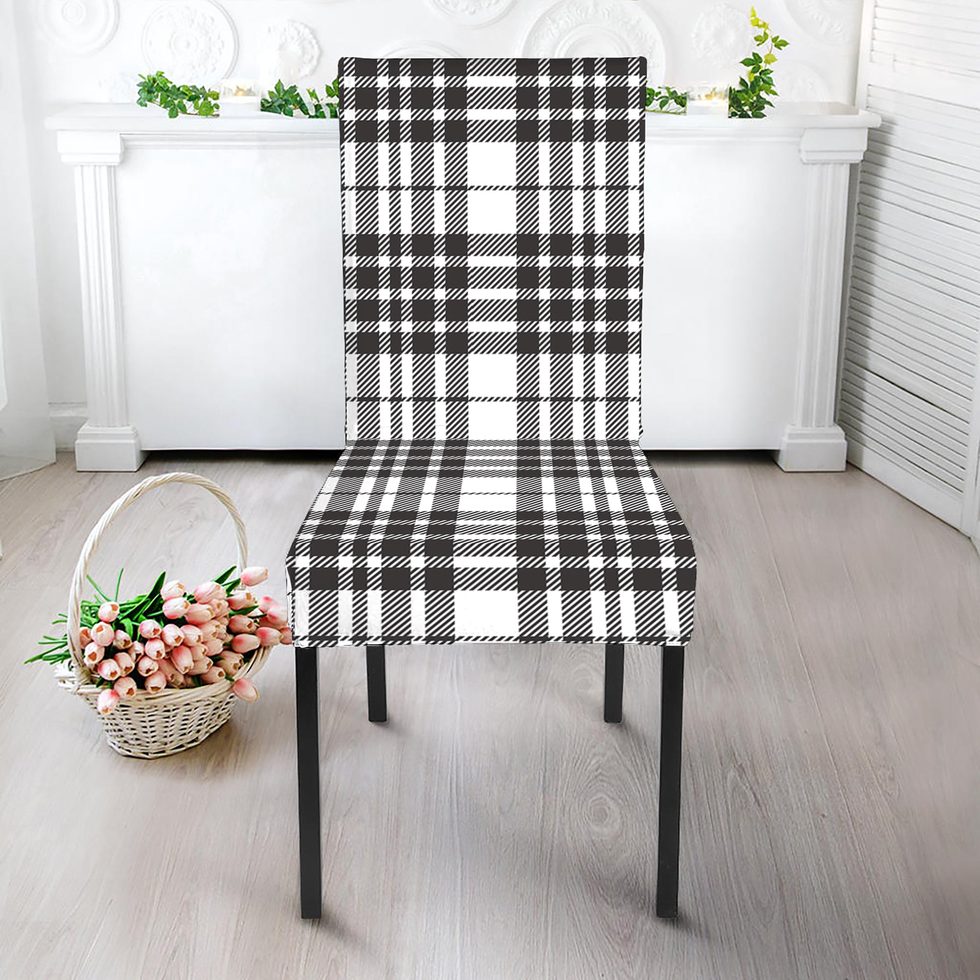 White And Black Border Tartan Print Dining Chair Slipcover