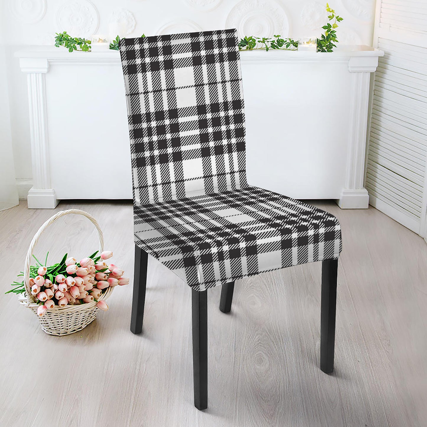 White And Black Border Tartan Print Dining Chair Slipcover