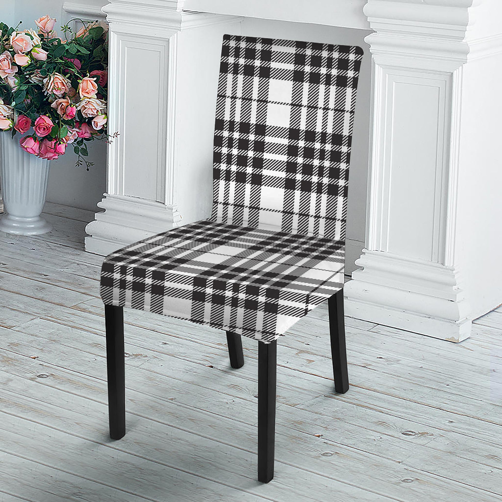 White And Black Border Tartan Print Dining Chair Slipcover