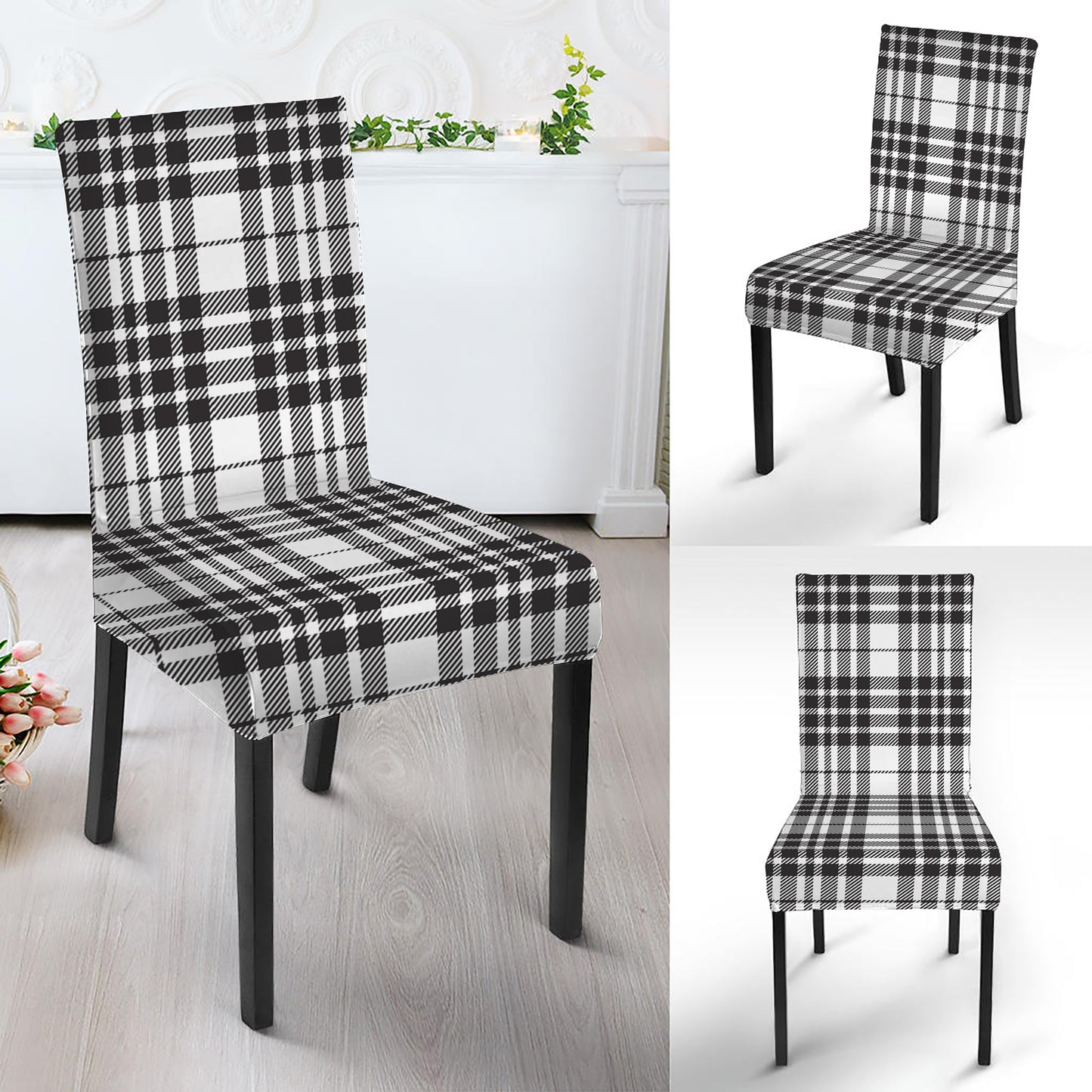 White And Black Border Tartan Print Dining Chair Slipcover
