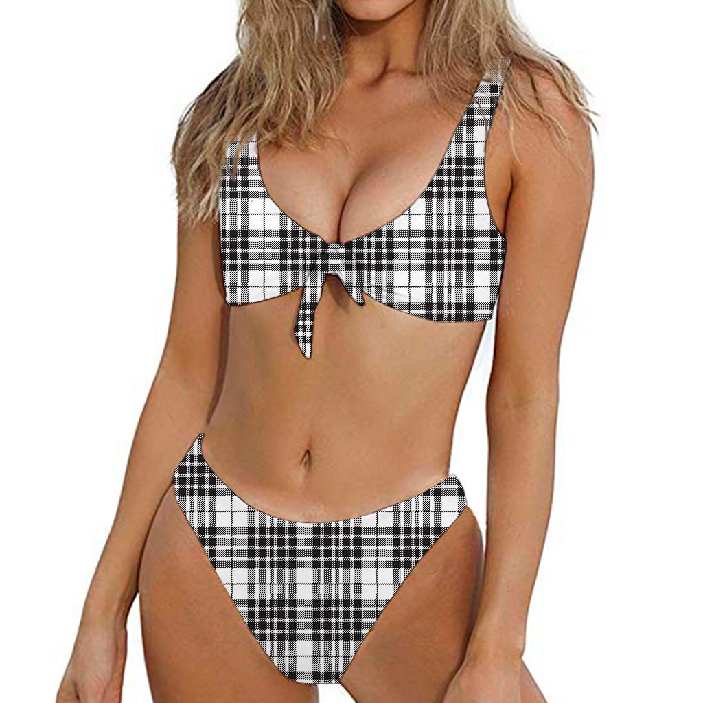 White And Black Border Tartan Print Front Bow Tie Bikini