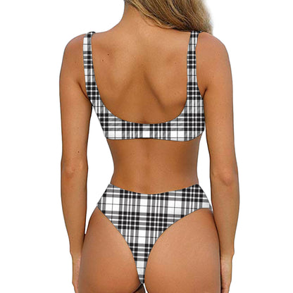 White And Black Border Tartan Print Front Bow Tie Bikini