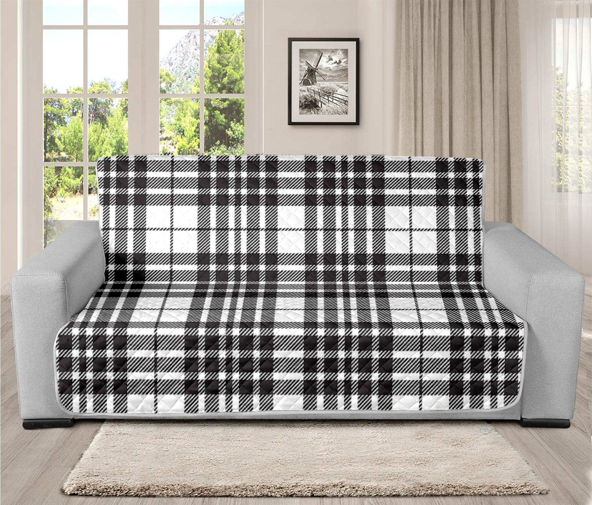 White And Black Border Tartan Print Futon Protector