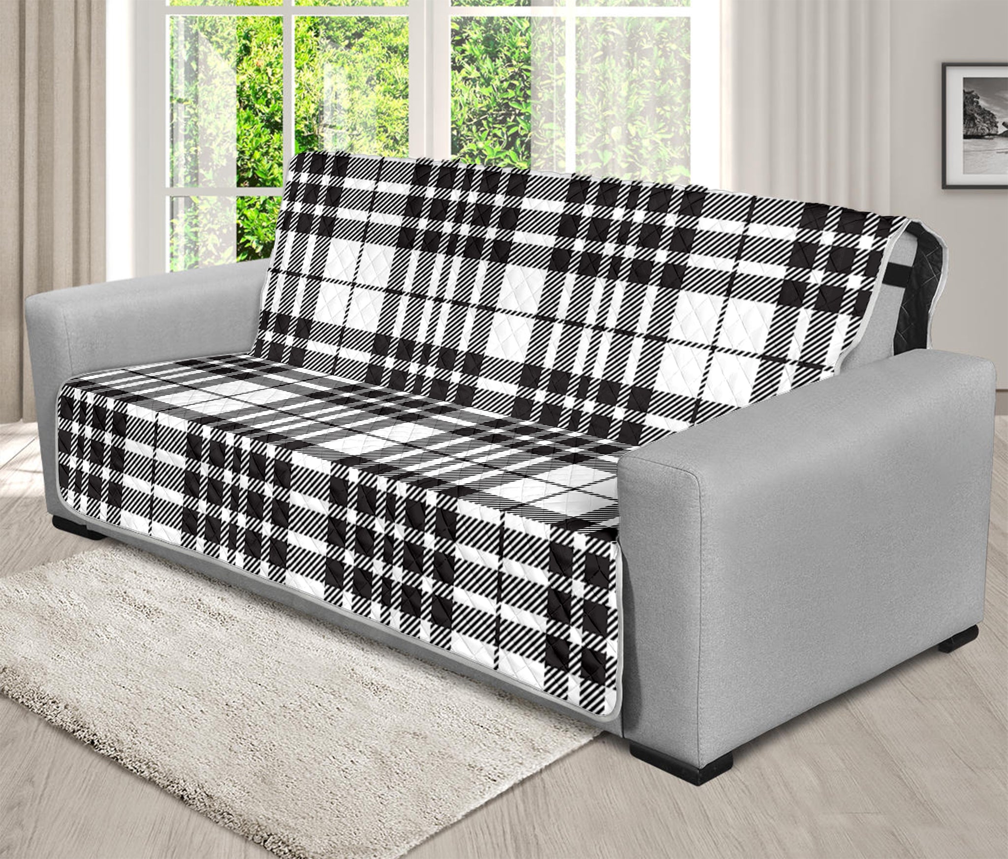 White And Black Border Tartan Print Futon Protector