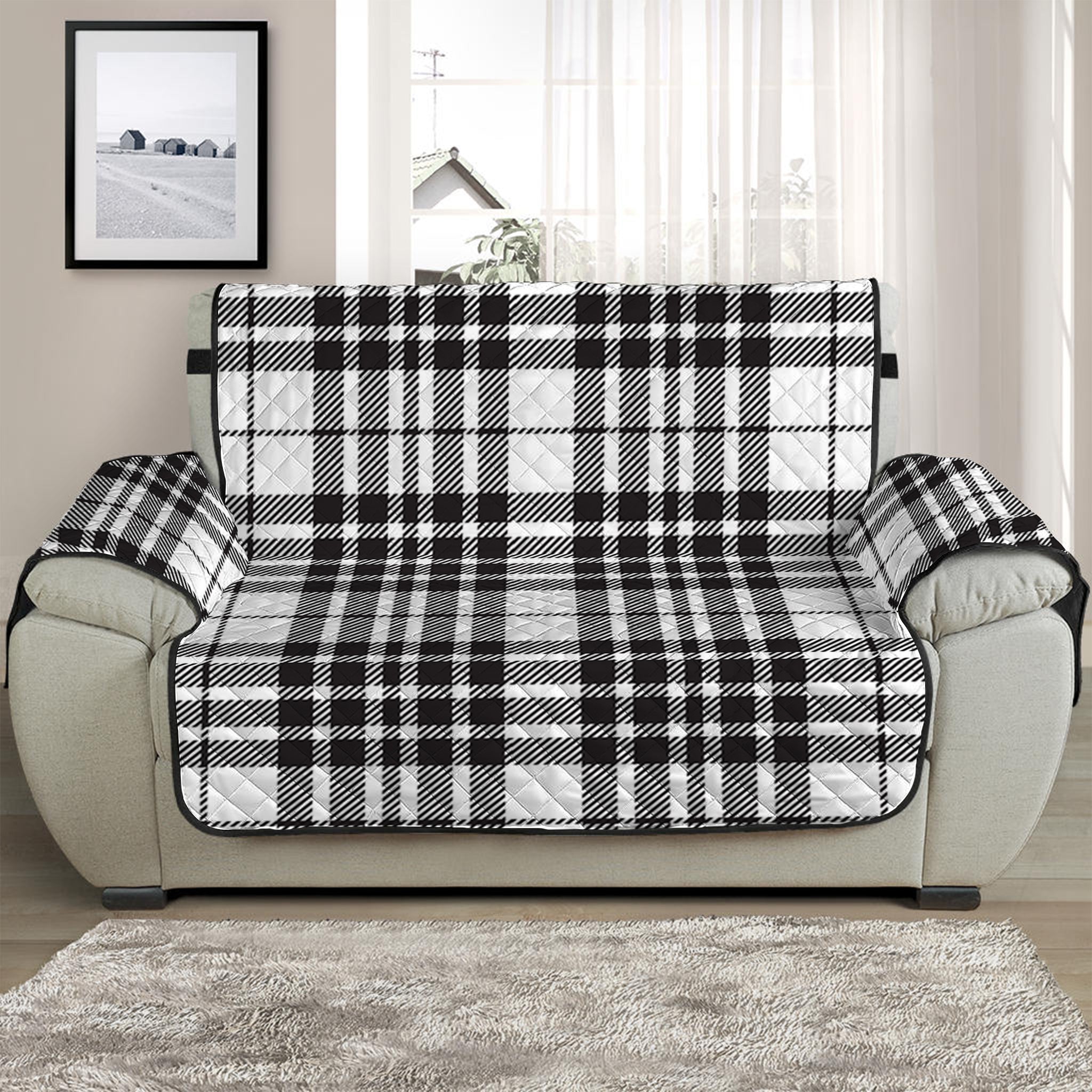 White And Black Border Tartan Print Half Sofa Protector