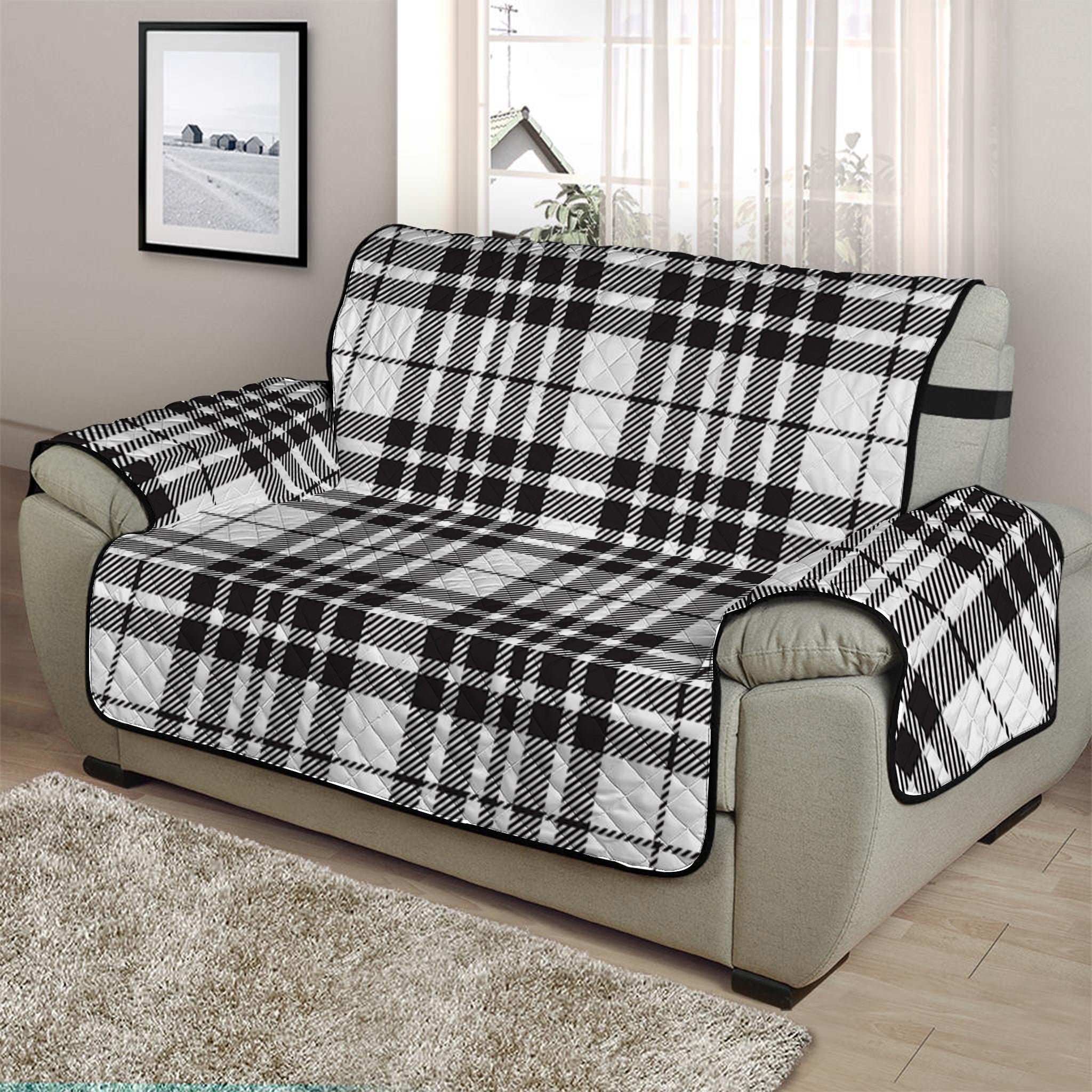 White And Black Border Tartan Print Half Sofa Protector